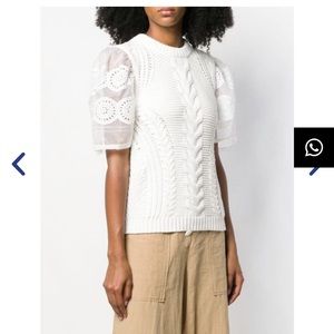 Sea NY short sleeve cable knit sweater eyelet lace sleeve ivory XS